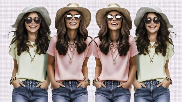 Foto retrato de moda de dois modelos morenos sorrindo em roupas hipster casuais de verão isoladas em branco