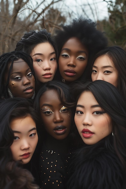 Retrato de moda de grupo modelos de moda meninas roupa de estilo preto mulheres jovens atraentes de vogue