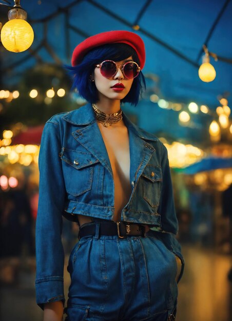 Retrato de moda de jovem e bela mulher asiática com penteado curto e óculos de sol em um vestido elegante ai generativo