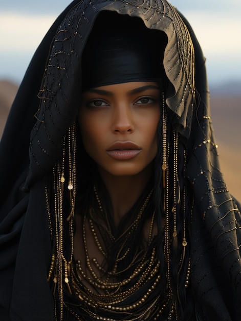 Retrato de moda de jovem mulher bonita com traje vestindo hijab estilo de roupa autêntica cultural cobriu parte do corpo roupas lindas lindas roupas bonitas grande olhar