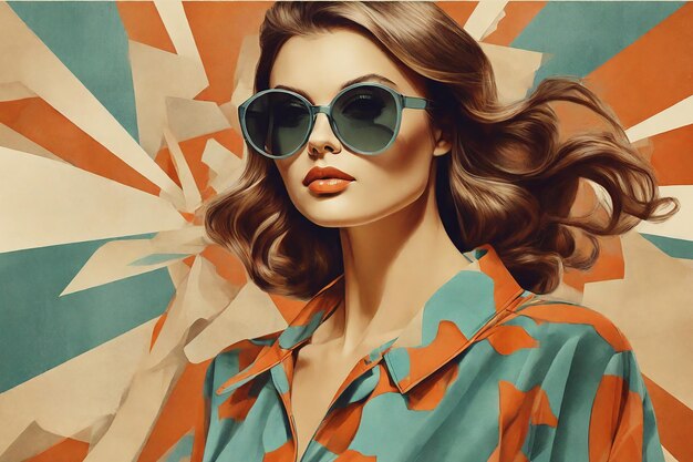 Retrato de moda de uma bela jovem com cabelos encaracolados e óculos de sol em estilo pop art