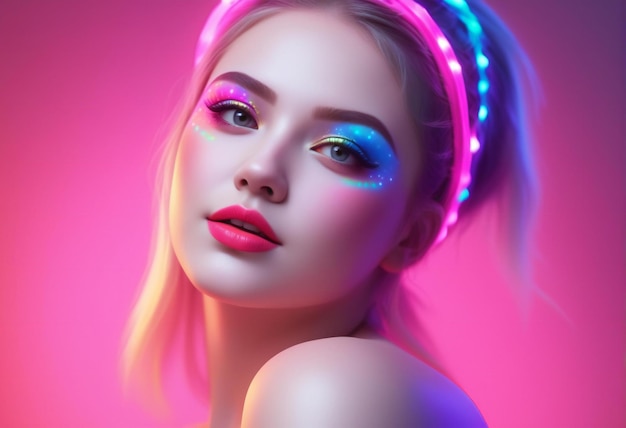 Retrato de moda de uma bela jovem com maquiagem brilhante à luz de néon