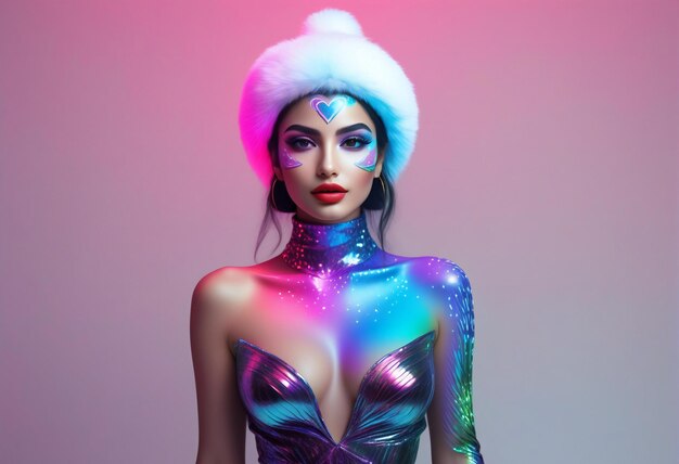 Retrato de moda de uma bela jovem com maquiagem brilhante e bodyart