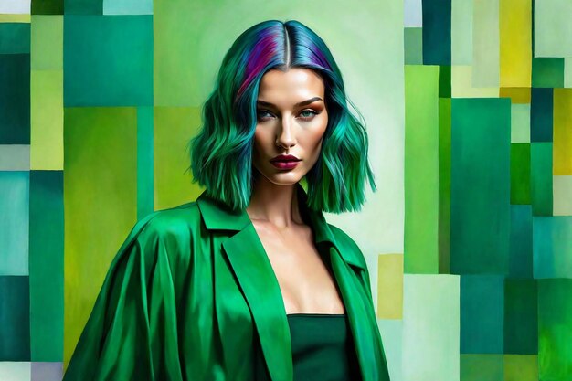 Retrato de moda de uma bela mulher com maquiagem brilhante e cabelo verde