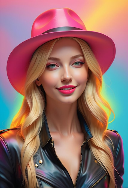 Retrato de moda de uma bela mulher loira com chapéu rosa e jaqueta de couro