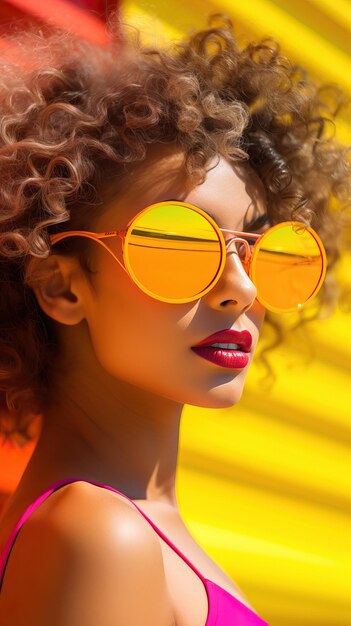 Retrato de moda de uma jovem com um penteado afro, óculos de sol e uma camiseta rosa brilhante