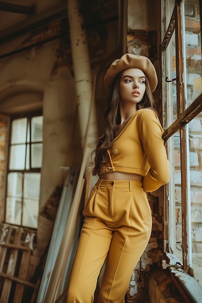 Retrato de moda em close de mulher elegante de terno amarelo e boina