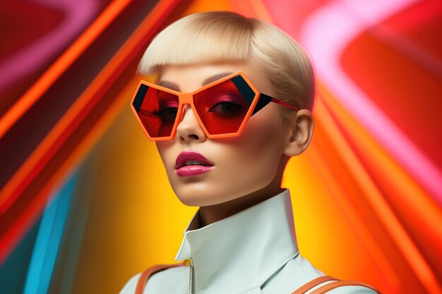 Retrato de moda modelo caucasiano no estilo de futurismo moda cor saturada
