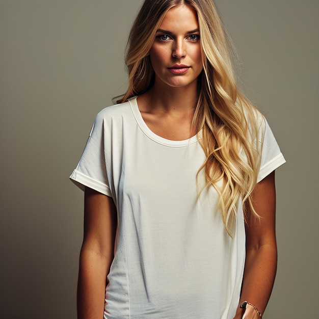 retrato de modelo feminina loira vestindo uma camiseta branca boho modelo de camisa em branco na rua