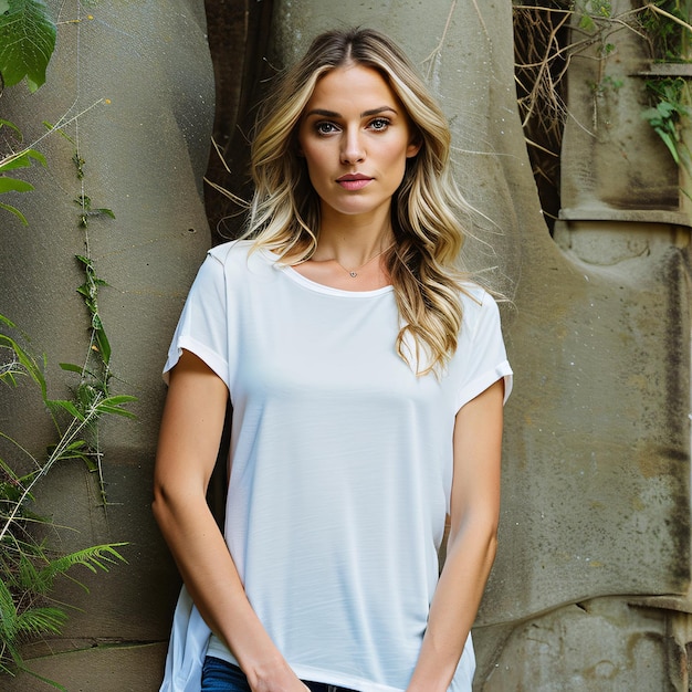 retrato de modelo feminina loira vestindo uma camiseta branca boho modelo de camisa em branco na rua