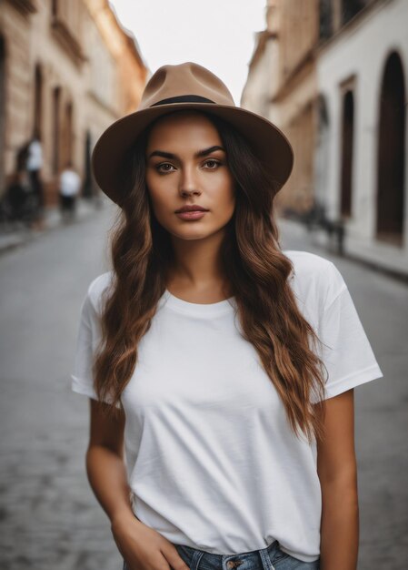 Retrato de modelo feminino vestindo chapéu e camisa branca rosa modelo de camisa em branco em boho de rua