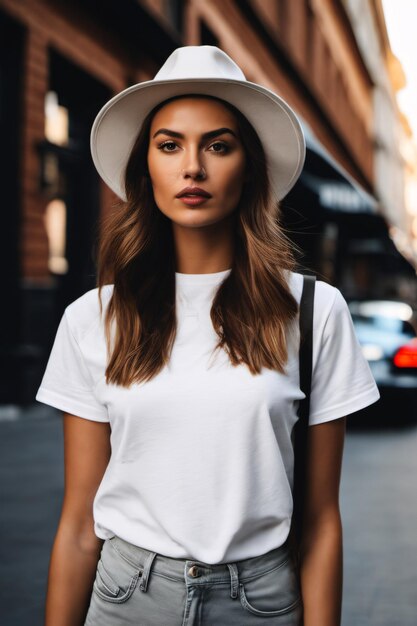 Retrato de modelo feminino vestindo chapéu e camisa branca rosa modelo de camisa em branco em boho de rua