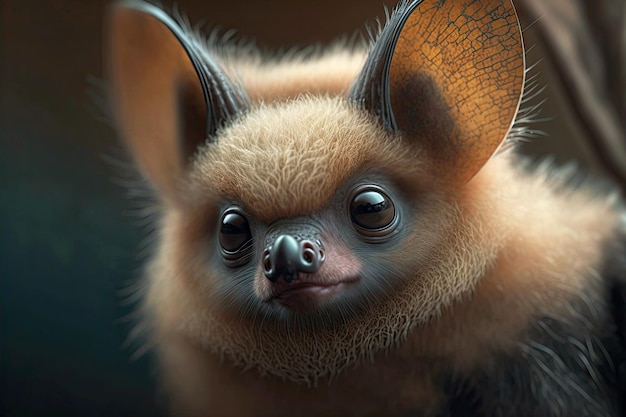 Retrato de morcego orelhudo pequeno com olhos engraçados em fundo escuro