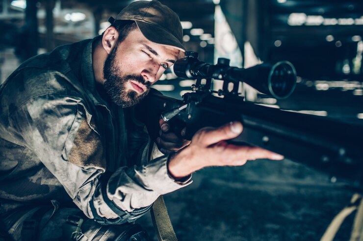 Foto retrato de morena está mirando. ele está olhando através da lente. o cara está segurando o rifle com a mão direita e mantendo o esquerdo no gatilho. o homem está pronto para atirar.