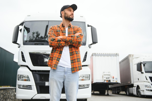 Foto retrato de motorista de caminhão confiante no estacionamento copiar espaço