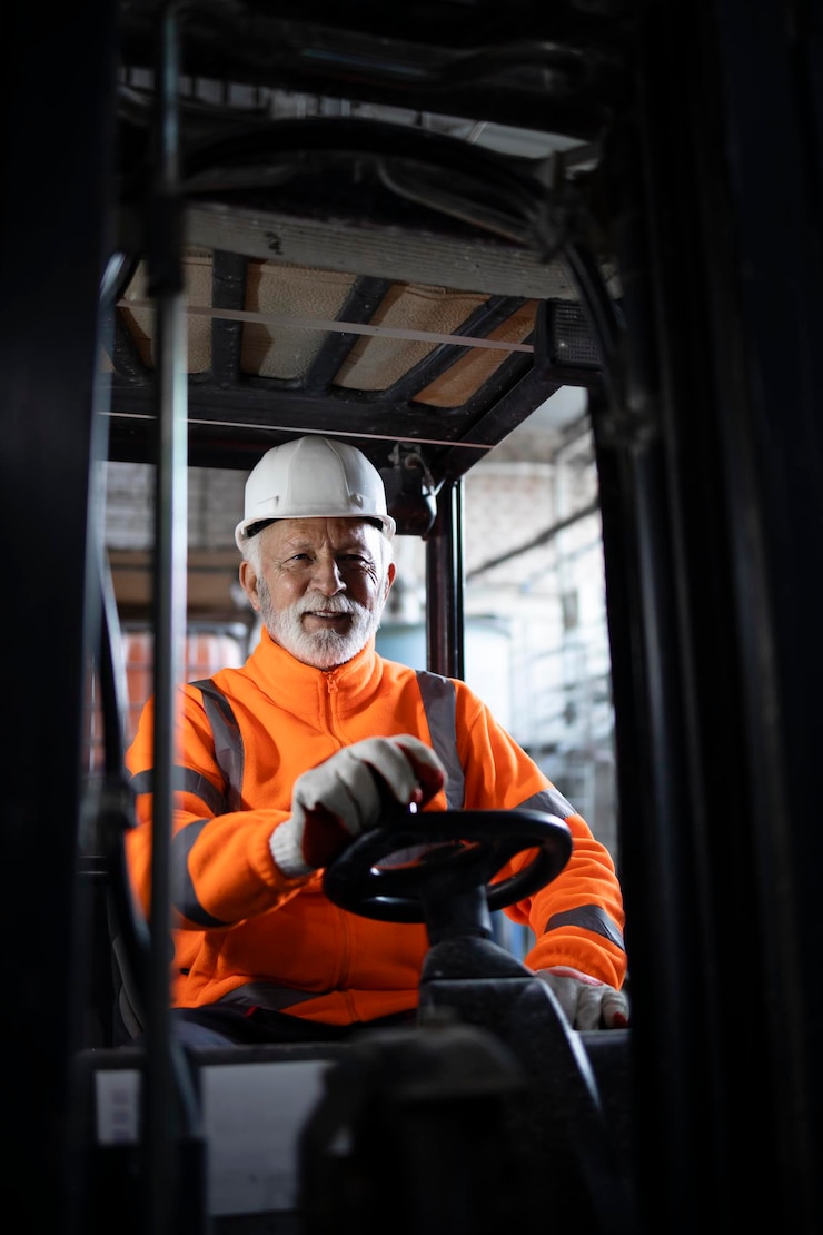 Foto retrato de motorista de empilhadeira profissional no armazém da fábrica.