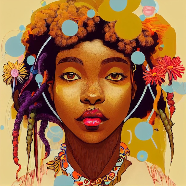 Retrato de mulher afro-americana com ilustração colorida de flores