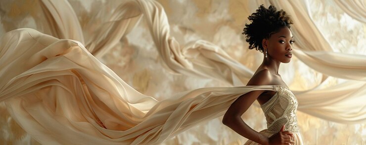 Retrato de mulher afro-americana em vestido de beige com tecido voador
