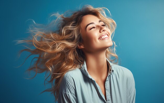 Retrato de mulher alegre com flores generativo por Ai