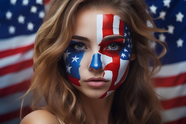 Retrato de mulher americana com o rosto pintado nas cores da bandeira dos Estados Unidos Votando nas eleições