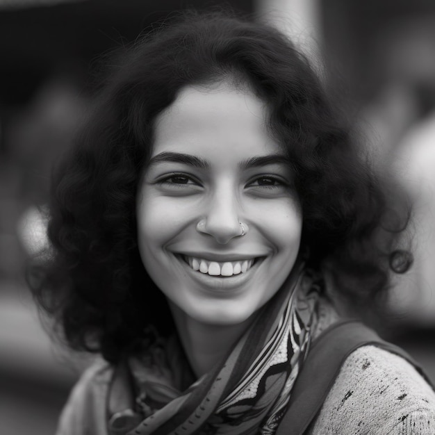 Retrato de mulher árabe egípcia com sorriso de cabelo preto e rosto feliz