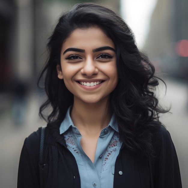 Retrato de mulher árabe egípcia com sorriso de cabelo preto e rosto feliz