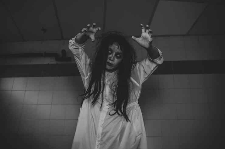 Retrato de mulher asiática compõem fantasmaCena de terror assustadora para fundoConceito de festival de HalloweenPôster de filmes fantasmasEspírito zangado no apartamento