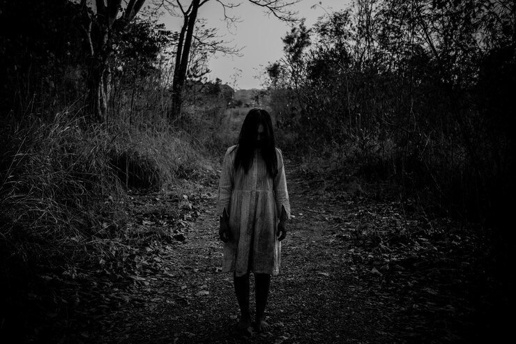 Retrato de mulher asiática maquiar rosto de fantasma com sangueCena de horror Fundo assustador Cartaz de filmes fantasma