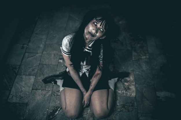 Retrato de mulher asiática maquilhando fantasmaCena de horror assustadora para o fundoConceito do festival de HalloweenFilmes de fantasmas Poster espírito zangado no apartamento