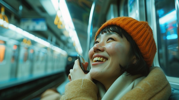 retrato de mulher asiática usando smartphone no trem