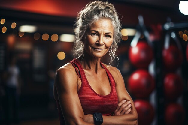 Foto retrato de mulher atlética de cabelos grisalhos trabalhando no ginásio conceito de fitness e musculação