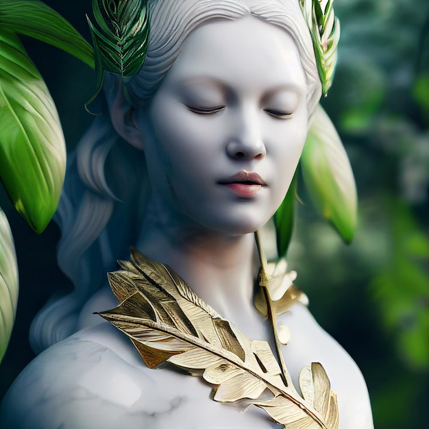 Retrato de mulher bonita com plantas e flores renderização em 3d