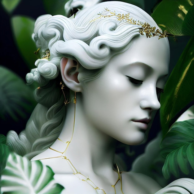 Retrato de mulher bonita com plantas e flores renderização em 3d