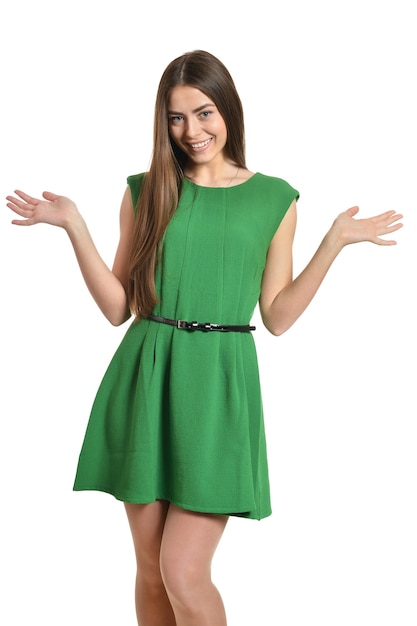 Foto retrato de mulher bonita em vestido verde