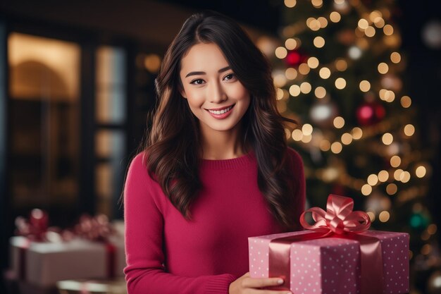 Retrato de mulher bonita segurando presente em estilo de cor de Natal menina sorridente e feliz