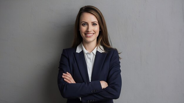 Retrato de mulher caucasiana com cabelos castanhos longos em roupas de negócios sorrindo e mantendo os braços cruzados