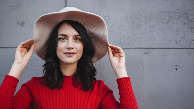 Foto retrato de mulher caucasiana de cabelos escuros em camisola vermelha e chapéu de borda larga na parede cinzenta