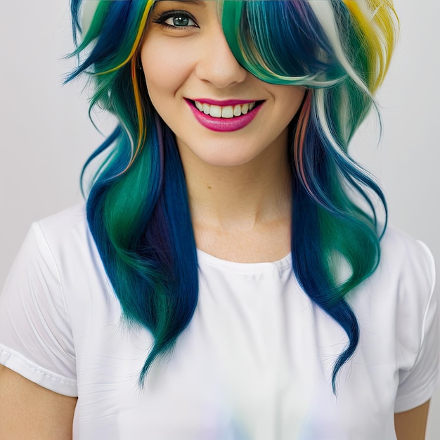 Retrato de mulher com cabelo colorido brilhante Coloração de cabelo lindos lábios e maquiagem Cabelo esvoaçando ao vento Menina com cabelo colorido Coloração profissional IA generativa