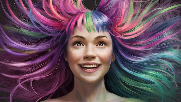 Retrato de mulher com cabelos voadores de cores brilhantes