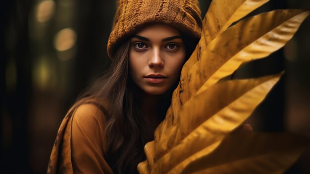 Retrato de mulher com grande folha tropical seca castanha e fundo de natureza escura Atividade de lazer ao ar livre e sentimento de conexão com a floresta Ambiente estilo de vida Pessoas na floresta