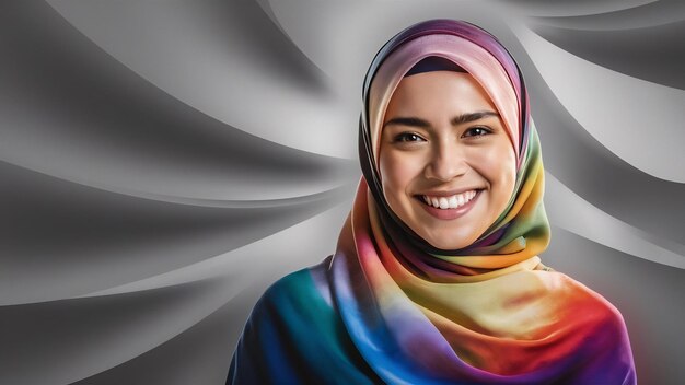 Foto retrato de mulher com hijab está sorrindo em cinza