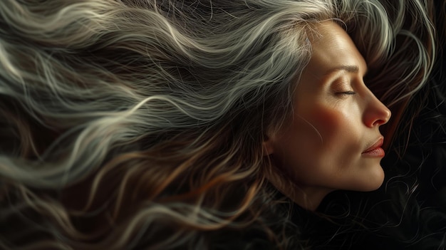 retrato de mulher com longos cabelos grisalhos gerado por IA