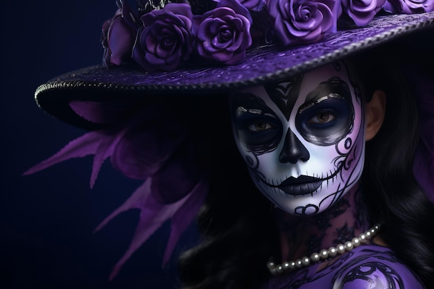 Retrato de mulher com maquiagem tradicional de la muerte Festival mexicano Dia de los Muertos Halloween