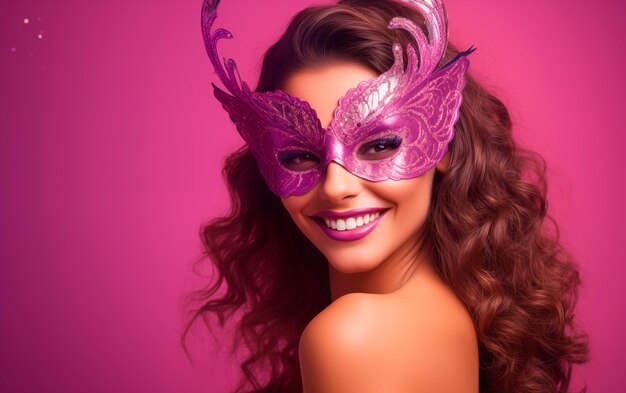 Foto retrato de mulher com máscara de carnaval rosa