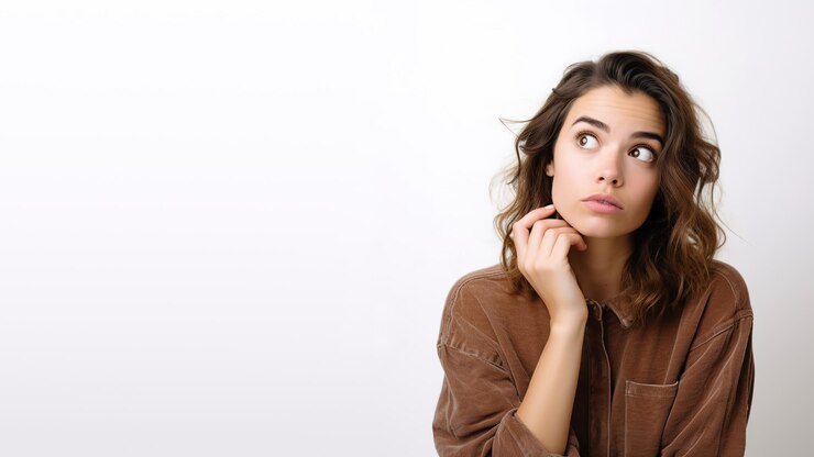 Foto retrato de mulher com mente toca mão queixo olhar copyspace pensar pensamentos plano isolado sobre cor branca