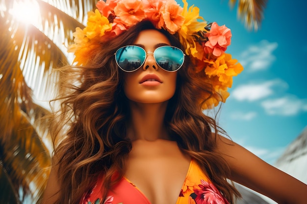 retrato de mulher com óculos de sol conceito de férias de férias