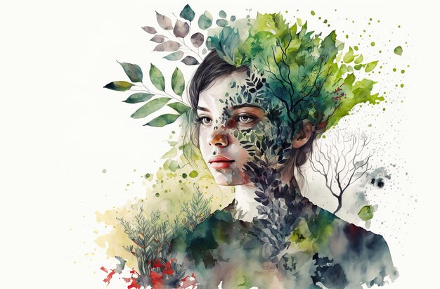 Foto retrato de mulher com plantas e folhas