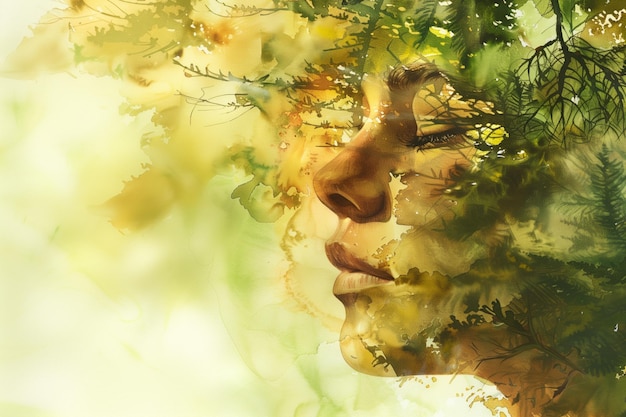 Retrato de mulher com plantas e folhas