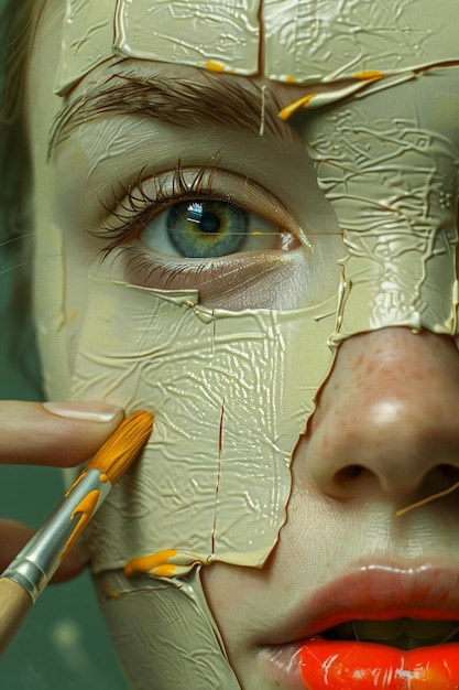 Retrato de mulher com tratamento de máscara de rosto dourada e lábios vermelhos com aplicação de pincel