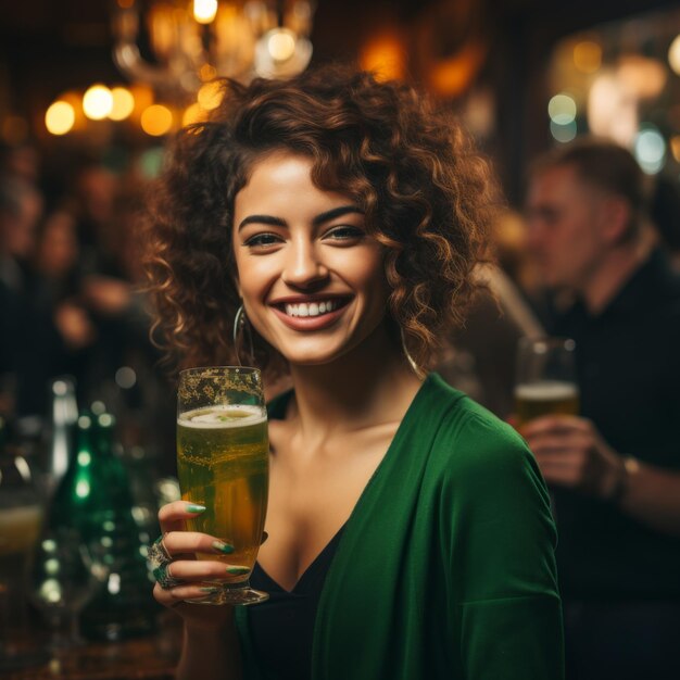 Foto retrato de mulher comemorando o dia verde de são patrício com amigos e bebidas